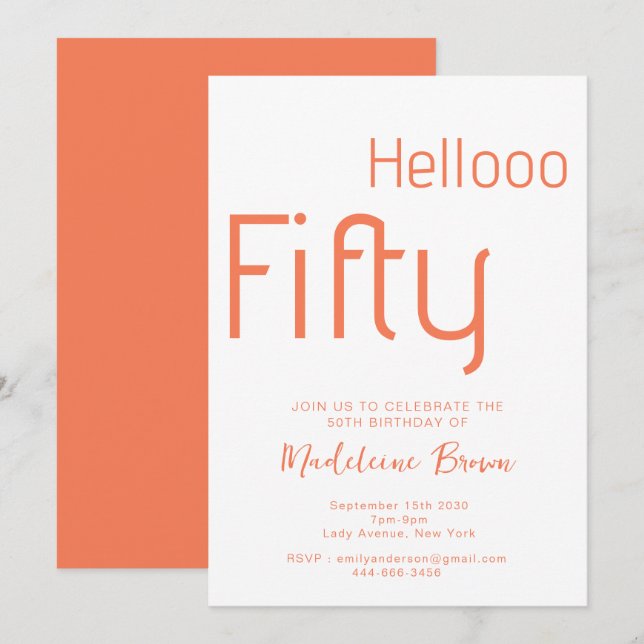 Modern Typography Peach  50th Birthday  Invitation (Front/Back)