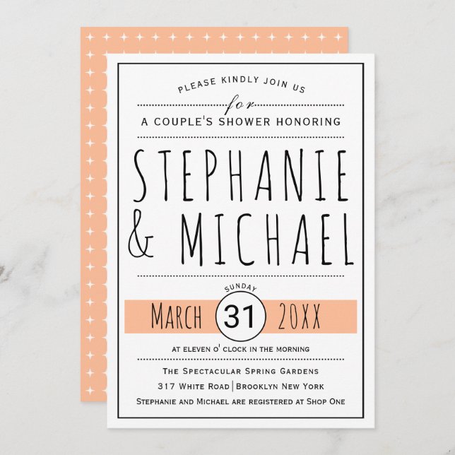 Modern typography peach wedding couple's shower invitation (Front/Back)