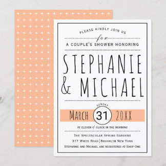 Modern typography peach wedding couple's shower invitation