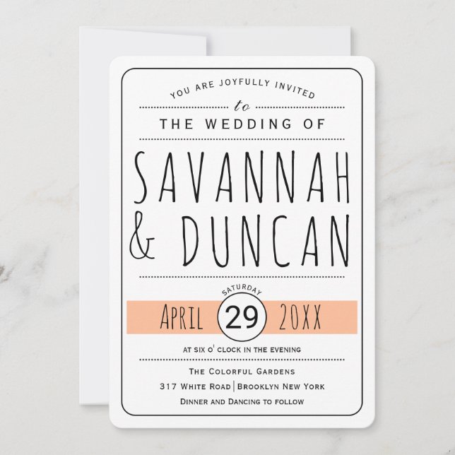 Modern typography peach wedding rounded invitation (Front)