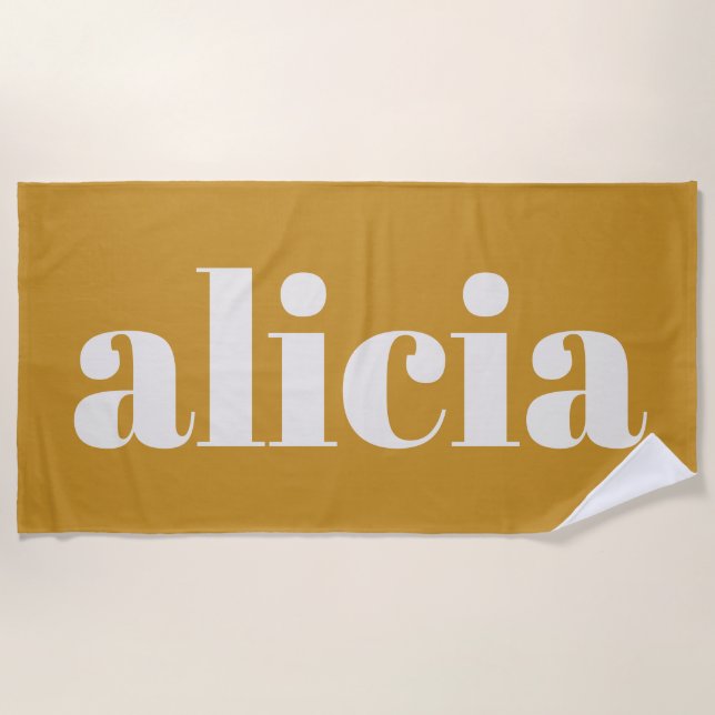 Modern Typography Personalized Name Mustard Yellow Beach Towel (Front)