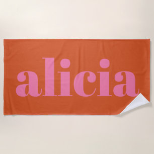 Modern Typography Personalized Name Pink Orange Beach Towel