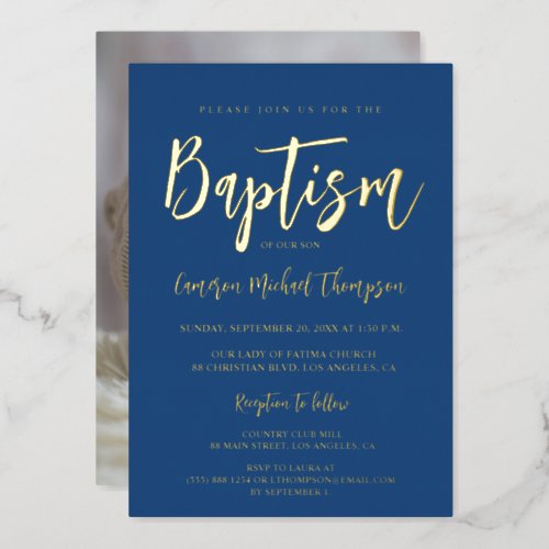 Modern Typography Photo blue gold Elegant Baptism  Foil Holiday Card