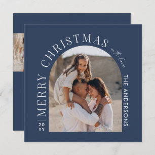 Modern typography photo collage blue Christmas Holiday Card