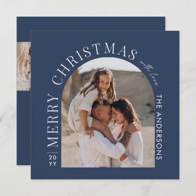 Modern typography photo collage blue Christmas Holiday Card Zazzle