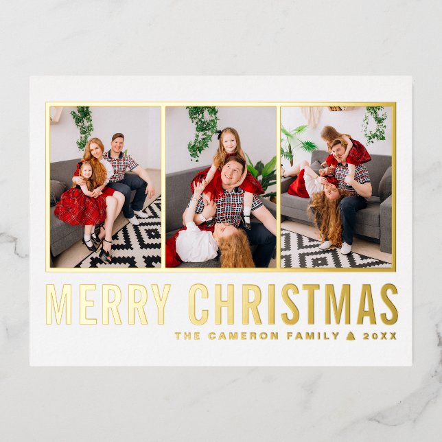 Modern Typography Photo Collage Christmas Foil Holiday Postcard (Front)