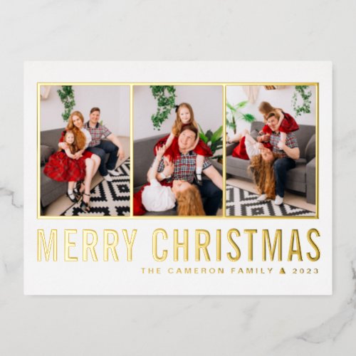 Modern Typography Photo Collage Christmas Foil Holiday Postcard