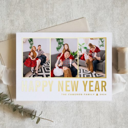 Modern Typography Photo Collage Happy New Year Foil Holiday Card