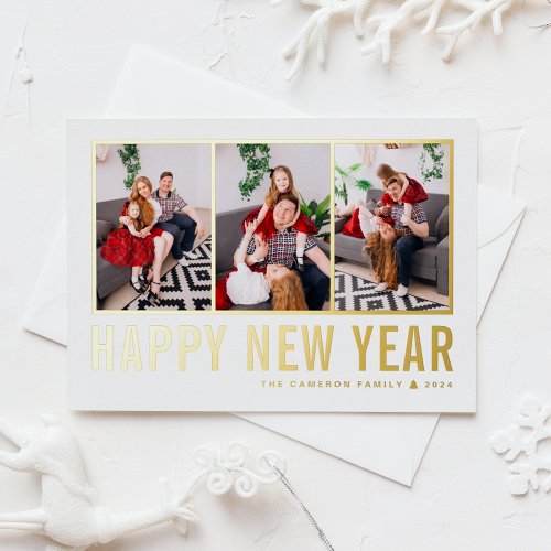 Modern Typography Photo Collage Happy New Year Foil Holiday Card