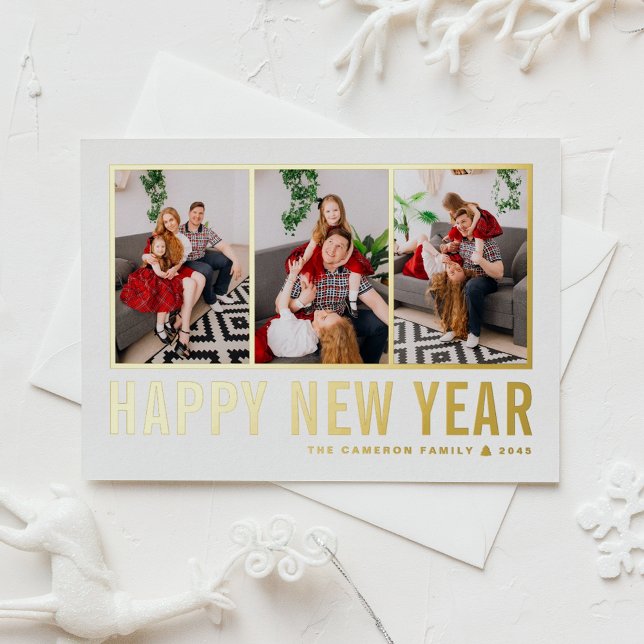 Modern Typography Photo Collage Happy New Year Foil Holiday Postcard (Send new year cheer with this customizable gold foil three-photo-collage Happy New Year Postcard. )