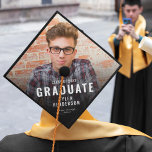 Modern Typography Photo Graduation Cap Topper<br><div class="desc">Personalized graduation cap topper featuring a full printed photo of the grad,  a black overlay,  the class year,  the graduates name,  and school or college they attended.</div>