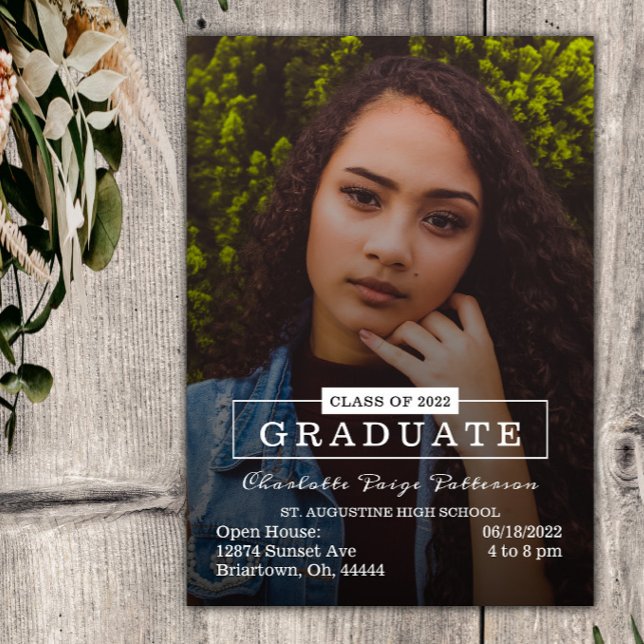 Modern Typography Photo Graduation | White Invitation (White Modern Typography Photo Graduation Party Invitation)