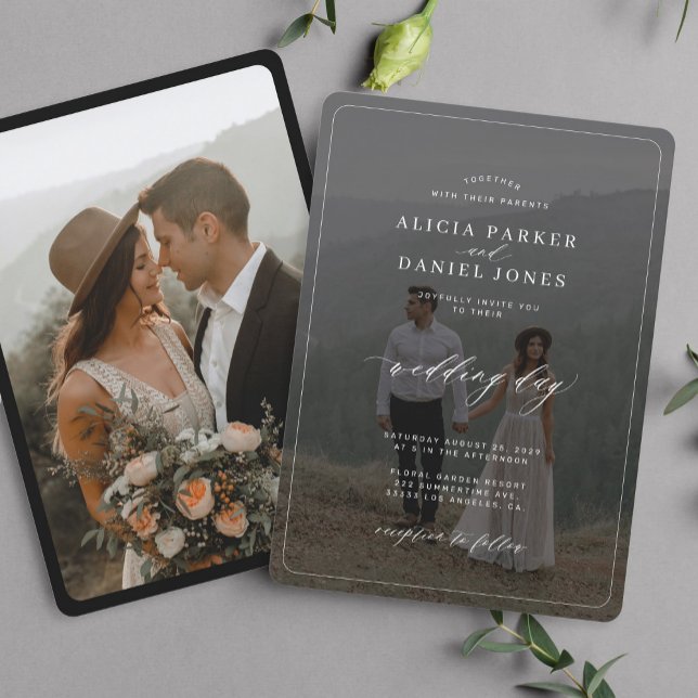 Modern typography photo overlay elegant wedding invitation (Creator Uploaded)