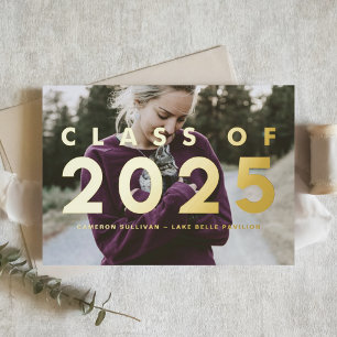 Modern Typography Photo Overlay Graduation Gold Foil Invitation Postcard