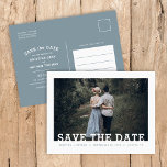 Modern Typography Photo Overlay Save the Date Announcement Postcard<br><div class="desc">Affordable custom printed wedding Save the Date postcards with an easy to use template and fully editable fonts and colors. This cool minimalist design features a simple photo overlay with modern slab serif fonts. Personalize it with your wedding details and engagement photo with additional details on the back side. Use...</div>