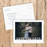 Modern Typography Photo Overlay Save the Date Announcement Postcard<br><div class="desc">Affordable custom printed wedding Save the Date postcards with an easy to use template and fully editable fonts and colors. This cool minimalist design features a simple photo overlay with modern slab serif fonts. Personalize it with your wedding details and engagement photo with additional details on the back side. Use...</div>