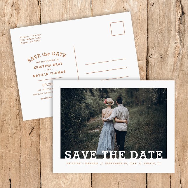 Modern Typography Photo Overlay Save the Date Announcement Postcard (Creator Uploaded)