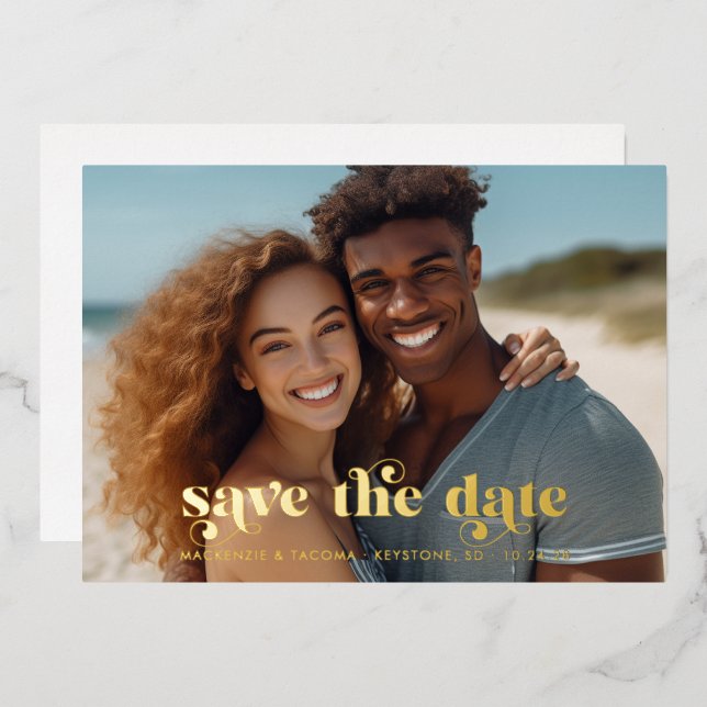 Modern Typography Photo Save the Date Foil Invitation (Front/Back)