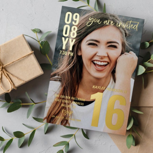 Modern Typography Photo Sweet 16 Gold Foil Invitation (Creator Uploaded)