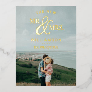 Modern Typography Photo Wedding Thank You Real Foil Invitation Postcard