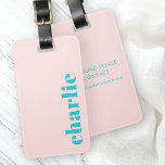 Modern typography pink and teal luggage tag<br><div class="desc">Modern,  minimal luggage tag with your custom name or text aligned vertically to the right on a light pink background.</div>