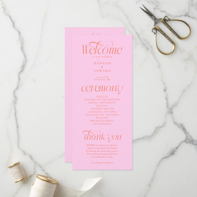 Modern Typography Pink Orange Wedding Program (Front/Back In Situ)