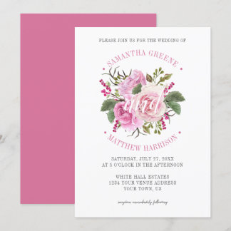 Modern Typography Pink Roses Greenery Wedding Invitation