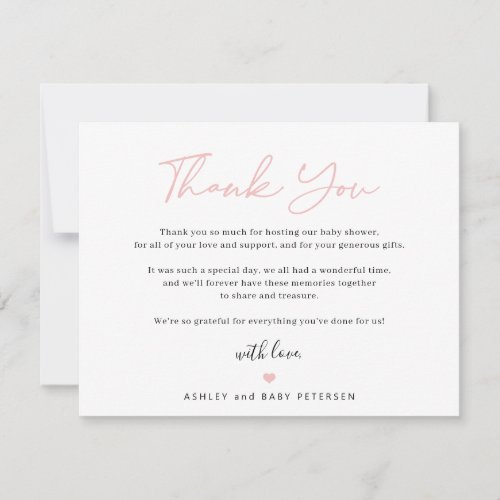 Modern typography pink script girl baby shower thank you card