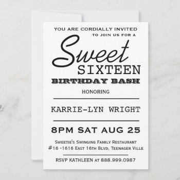 Modern Typography Poster Style Sweet 16 Party Invitation by PartyHearty at Zazzle