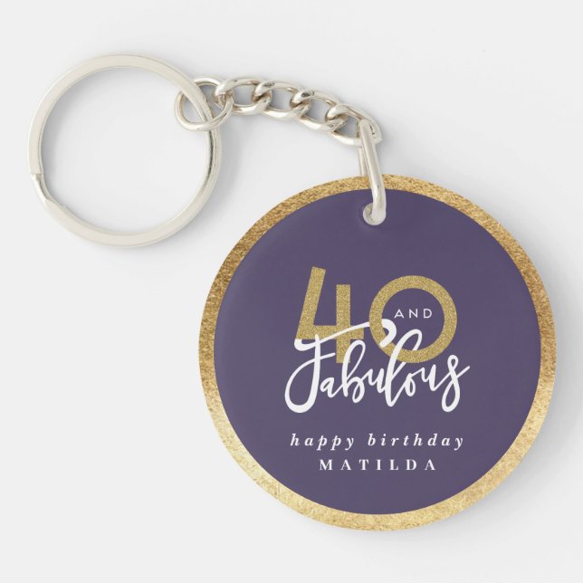 Modern typography purple and gold 40th birthday keychain (Front)