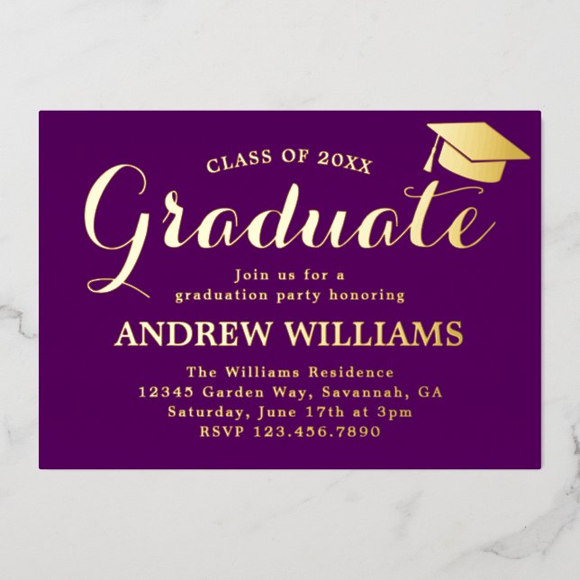 Modern Typography Purple Graduation Party Foil Invitation (Front)