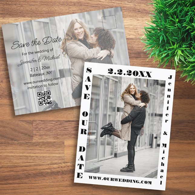 modern typography qr code 2 photo save the date announcement postcard (Creator Uploaded)