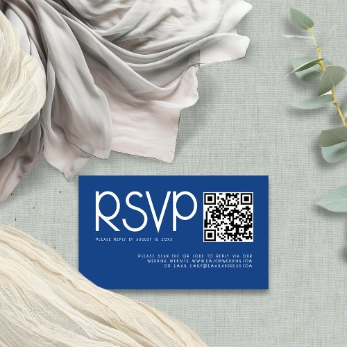 Modern Typography QR Code Blue Wedding RSVP Enclosure Card