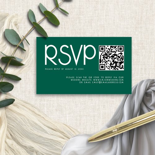 Modern Typography QR Code Emerald Wedding RSVP Enclosure Card