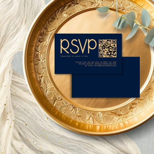 Modern Typography QR Code Navy Gold Wedding RSVP Enclosure Card
