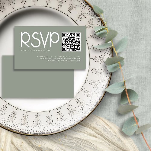 Modern Typography QR Code Sage Green Wedding RSVP Enclosure Card