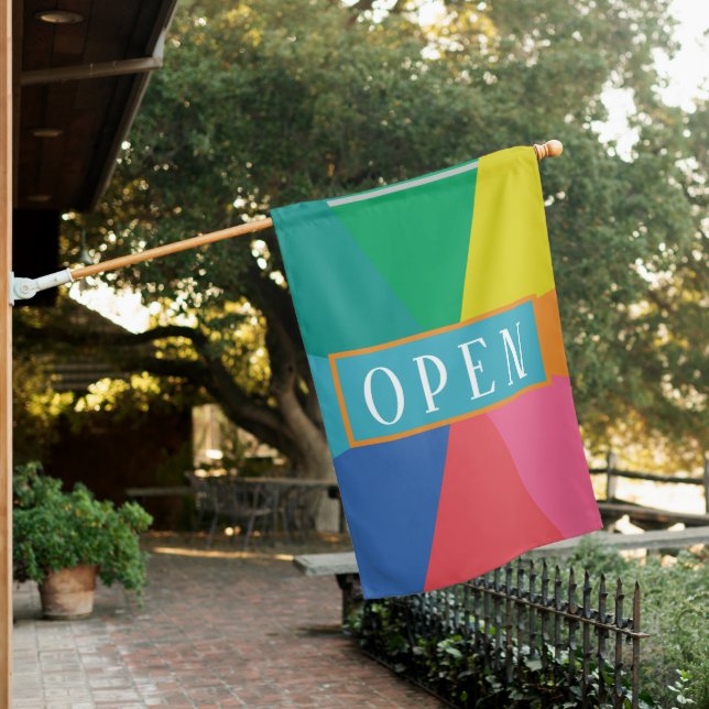 Modern Typography Rainbow Business OPEN  House Flag (In SItu)