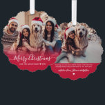 Modern Typography Red 2 Photo Christmas Ornament Card<br><div class="desc">Modern Cute Minimalist 2 Photo Merry Christmas Script Holiday Ornament Card. This festive, simple minimalist, whimsical two photo holiday greeting card template features „Merry Christmas” greeting text which is written in a hand lettered swirly swash-tail font white calligraphy script red photo overlay. On the back side with your greeting message...</div>