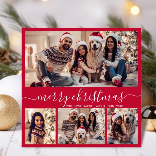 Modern Typography Red 5 Photo Collage Christmas Holiday Card