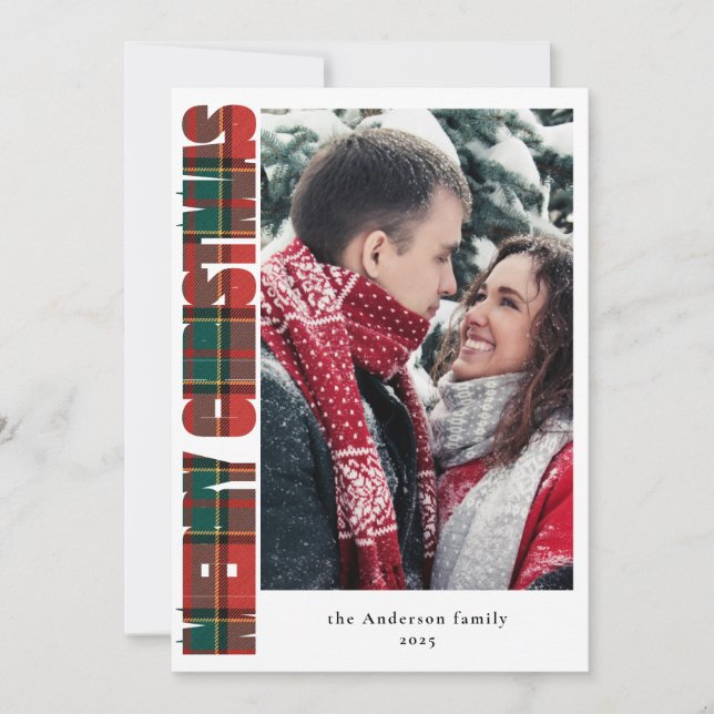 Modern Typography Red and Green Plaid Christmas Holiday Card (Front)