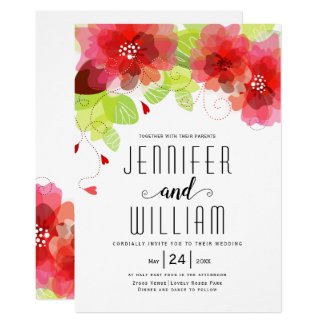 Modern typography red flowers floral wedding invitation