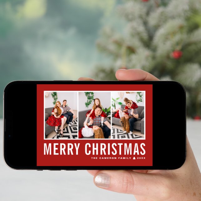 Modern Typography Red Photo Collage Christmas Holiday Card (Front Digital)