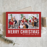 Modern Typography Red Photo Collage Christmas Holiday Card<br><div class="desc">Merry Christmas! Send your warm wishes this season with this customizable photo collage Christmas card. It features simple typography with a  red background. Personalize by adding your photos,  names,  year and other details. This modern Christmas card is available in other colors and cardstock.</div>