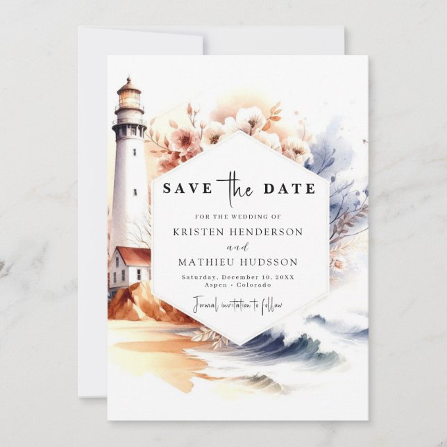 Modern Typography Romance Lighthouse Wedding Save The Date (Front)