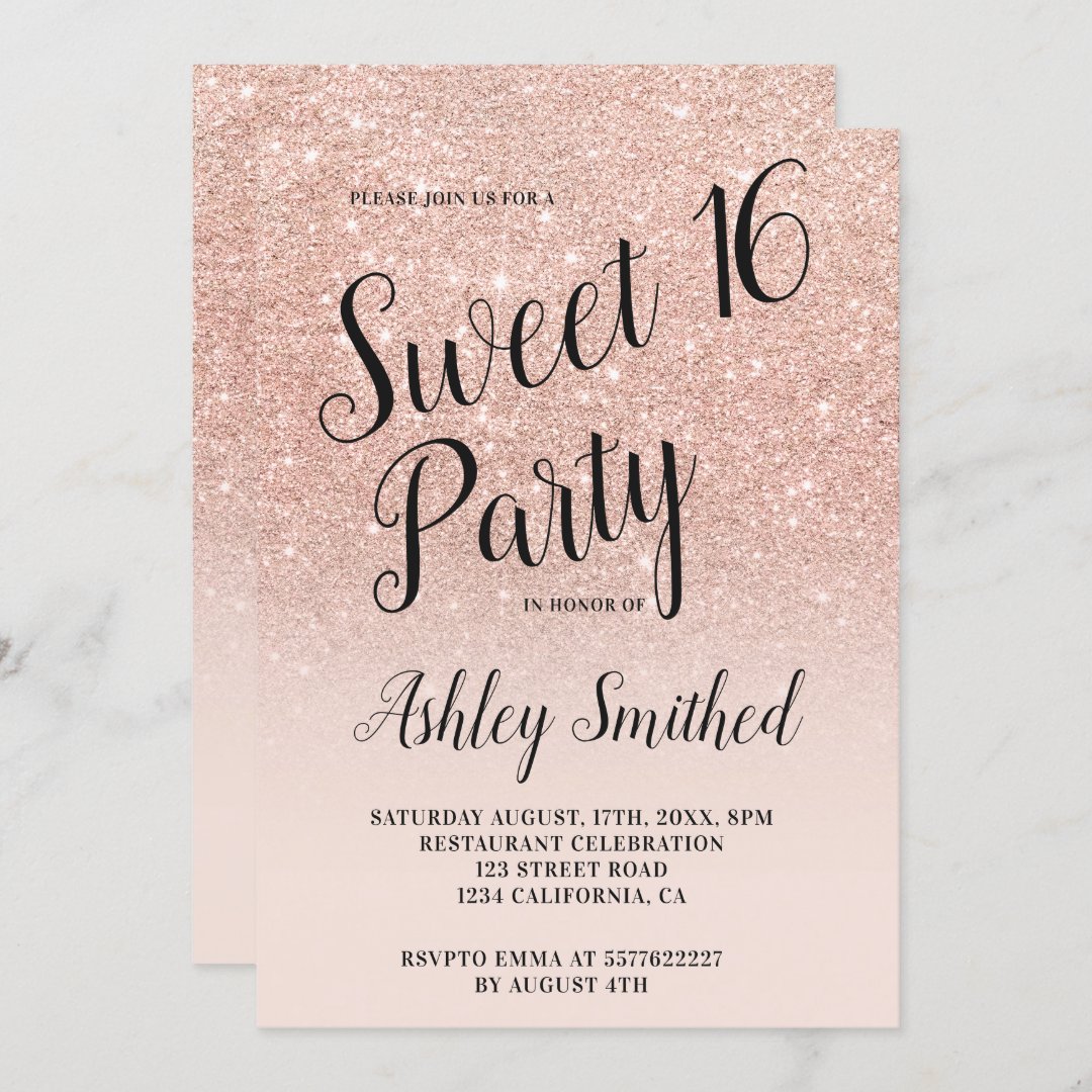 Modern typography rose gold glitter ombre Sweet 16 Invitation | Zazzle