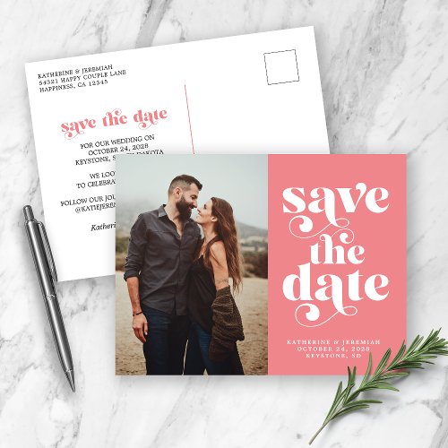 Modern Typography Rose Pink Photo Save the Date Announcement Postcard