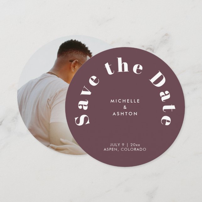 Modern Typography Round Circle Burgundy Red Save The Date (Front/Back)