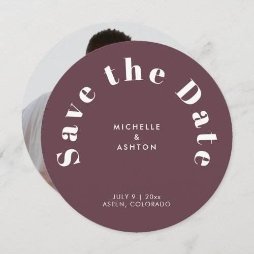 Modern Typography Round Circle Burgundy Red Save The Date