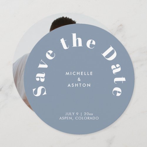 Modern Typography Round Circle Dusty Blue Save The Date