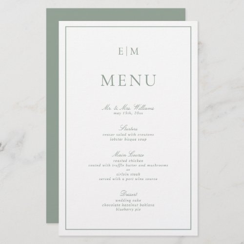 Modern Typography Sage Green Monogram Wedding Menu